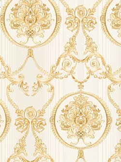 วอลเปเปอร์ลายหลุยส์ใบไม้ สีเหลืองพื้นครีม