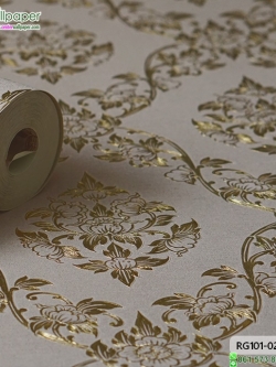 wallpaper ลายไทย ดอกพุดตาล สีครีม-ทอง