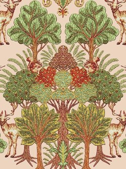 วอลเปเปอร์ลายต้นไม้ กวางนกกระรอก พื้นสีน้ำตาลส้ม