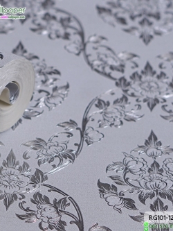 wallpaper ลายไทย ดอกพุดตาล สีเงิน