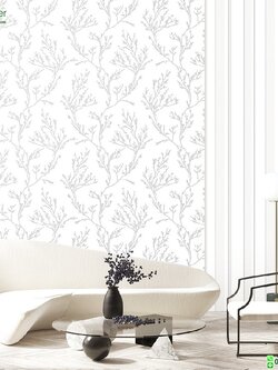 วอลเปเปอร์ห้องนั่งเล่น ลายใบไม้กิ่งไม้ หน้ากว้าง 1 เมตร