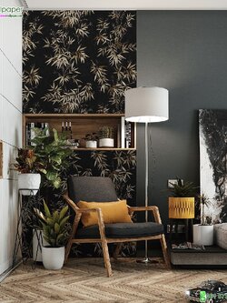 วอลเปเปอร์ลายใบไผ่สีน้ำตาล พื้นหลังสีดำ