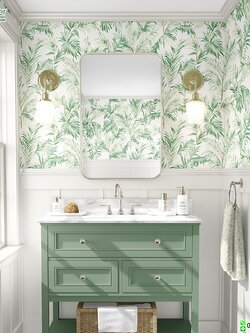 วอลเปเปอร์ลายใบไม้ทรอปปิคอลสีเขียว พื้นหลังสีขาว