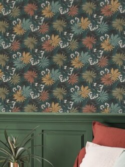 วอลเปเปอร์ห้องนอน ลายใบไม้ ดอกไม้ พื้นสีเขียว