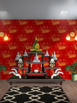 วอลเปเปอร์ลายไทยราคาถูกลายเรือสุพรรณหงส์พื้นแดง