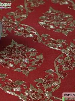 wallpaper ลายไทย ดอกพุดตาล สีแดง-ทอง