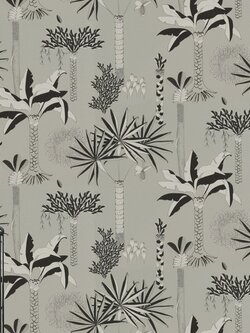 วอลเปเปอร์ติดผนังลายต้นปาล์ม สีขาวดำ พื้นสีเทา Tropical wallpaper