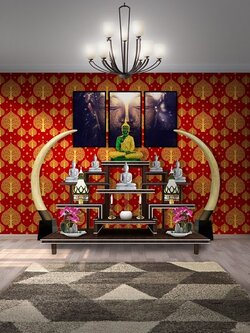 วอลเปเปอร์ลายต้นโพธิ์ทองพื้นแดง