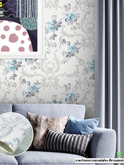 วอลเปเปอร์ลายกุหลาบสีฟ้าพื้นครีม