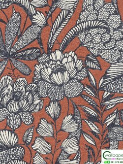 วอลเปเปอร์ลายดอกไม้สีน้ำเงินขาวพื้นสีส้ม