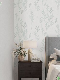 วอลเปเปอร์ติดผนังลายใบไม้สีฟ้าพื้นหลังสีเทา