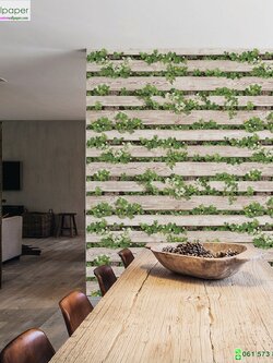 Wallpaper ลายใบไม้หลังรั้วสีครีม