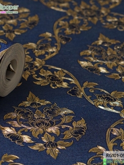 wallpaper ลายไทย ดอกพุดตาล สีน้ำเงิน-ทอง