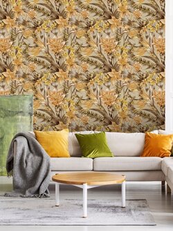 วอลเปเปอร์ห้องนั่งเล่นลายดอกไม้ ใบไม้