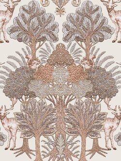 วอลเปเปอร์ลายต้นไม้ กวางนกกระรอก พื้นสีเทาอมครีม