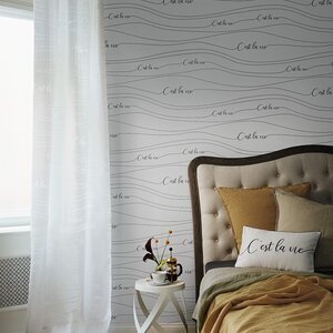 วอลเปเปอร์ติดผนังลายตัวอักษรสีดำ พื้นหลังสีขาว