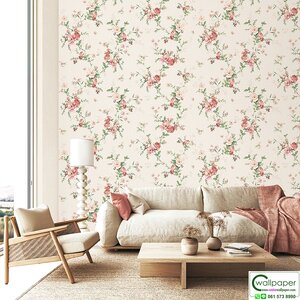 วอลเปเปอร์ลายดอกไม้สีชมพู-โอรส พื้นสีน้ำตาลอ่อน No.52513-2