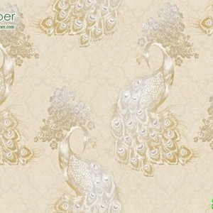 วอลเปเปอร์ลายนกยูง สีทองพื้นครีม