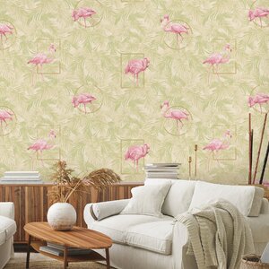 วอลเปเปอร์หน้ากว้าง 1 เมตร ลายใบไม้ นกฟามิงโก้