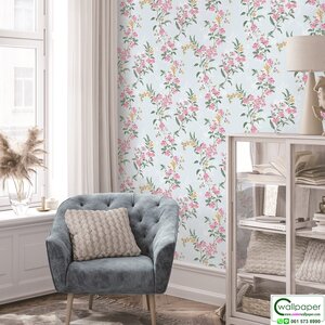 วอลเปเปอร์ลายดอกไม้สีชมพู พื้นสีฟ้าอ่อน No.70517-3