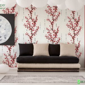 วอลเปเปอร์ติดผนังลายดอกซากุระ สีแดง พื้นสีขาว
