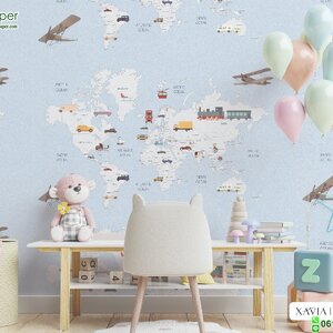 วอลเปเปอร์ห้องเด็กลายแผนที่ พื้นหลังสีฟ้าอ่อน