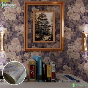 วอลเปเปอร์ติดผนังโทนสีม่วง ลายดอกกุหลาบสีครีม