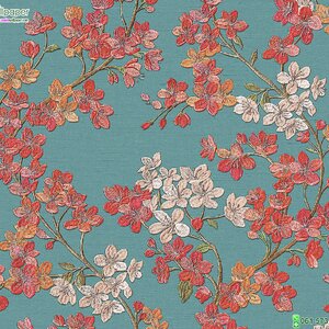 วอลเปเปอร์ติดผนังลายดอกไม้ พื้นหลังสีเขียวฟ้า แท็กเจอร์ผ้าปัก
