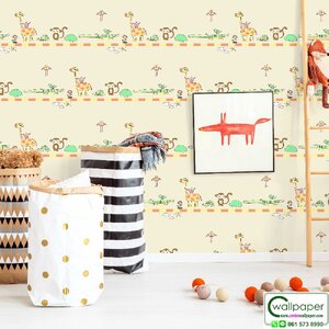 วอลเปเปอร์ห้องเด็ก ลายลิง ยีราฟ นก พื้นสีน้ำตาลอ่อน No.7829-2