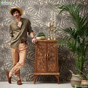 วอลเปเปอร์ลายใบไม้สีเทาทอง