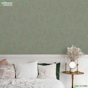 วอลเปเปอร์ติดผนังลายใบไม้กิ่งไม้ สีทองพื้นหลังสีเขียว