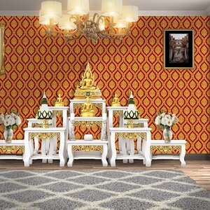 วอลเปเปอร์ลายไทยราคาถูกลายบัวไทยพื้นแดง