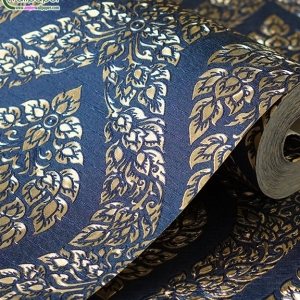 wallpaper ลายไทย ลายพุ่มข้าวบิณฑ์ สีน้ำเงิน-ทอง