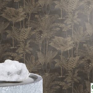 วอลเปเปอร์ลายใบไม้ทรอปิคอลสีน้ำตาลทอง พื้นสีดำ