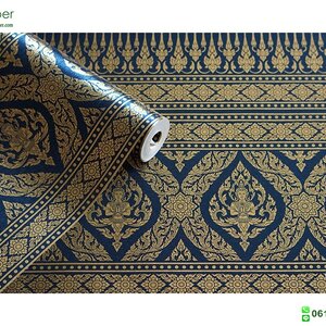 วอลเปเปอร์ติดผนังลายไทย ลายกรวยเชิงสีน้ำเงิน