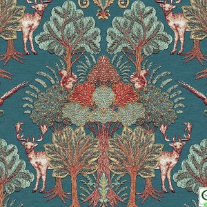 วอลเปเปอร์ลายต้นไม้ กวางนกกระรอก พื้นสีเขียวอมน้ำเงิน