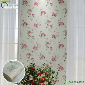 วอลเปเปอร์ติดผนังโทนสีครีม ลายดอกกุหลาบสีแดง