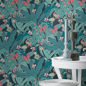 วอลเปเปอร์ติดผนังลายใบไม้ ดอกไม้ สีฟ้าเขียว Tropical wallpaper