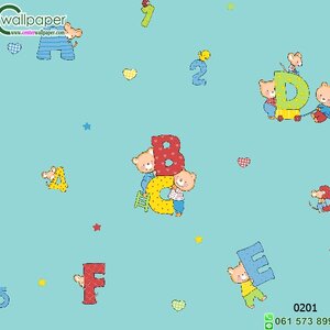 วอลเปเปอร์ห้องเด็ก ลายหมีตัวอักษรอังกฤษสีฟ้า