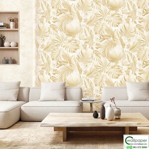 วอลเปเปอร์ลายใบไม้ทรอปิคอล สีครีมทอง No.52524-2
