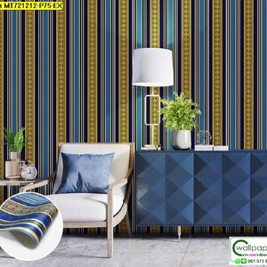 วอลเปเปอร์ลายทางพื้นสีน้ำเงิน ลายสีทอง