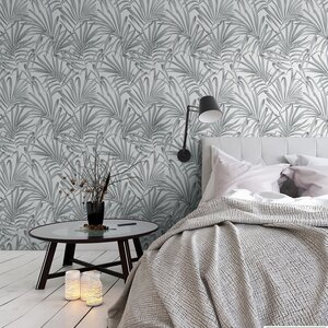 วอลเปเปอร์ลายใบไม้สีเทาเงิน พื้นขาว No.VRD20113