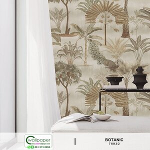 วอลเปเปอร์ลายใบไม้ โทนสีเขียวขี้ม้าอมน้ำตาลอ่อน No.71013-2