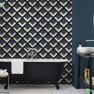 วอลเปเปอร์ห้องนั่งเล่น ลายเลขาคณิต พื้นหลังสีน้ำเงินกรม