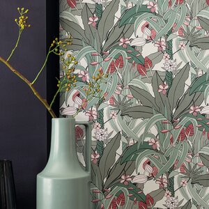 วอลเปเปอร์ติดผนังลายใบไม้ สีเขียว ชมพูTropical wallpaper