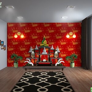 วอลเปเปอร์ลายไทยราคาถูกลายเรือสุพรรณหงส์พื้นแดง