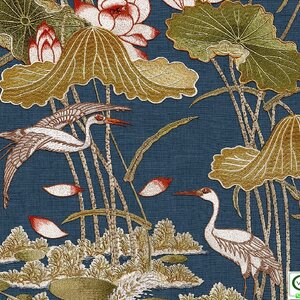 วอลเปเปอร์ลายใบบัว นก พื้นสีน้ำเงิน