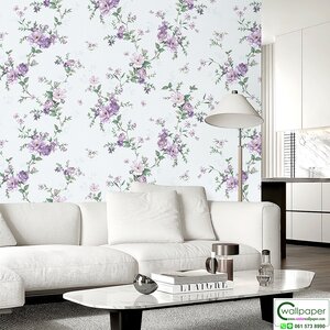 วอลเปเปอร์ลายดอกไม้สีม่วง พื้นสีฟ้าอ่อน No.52513-3