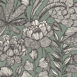 วอลเปเปอร์ลายดอกไม้สีขาวดำ พื้นสีเขียวอมเทา