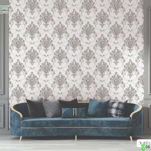 วอลเปเปอร์ติดผนังลายหลุยส์เกาหลีสีเทา พื้นสีขาว